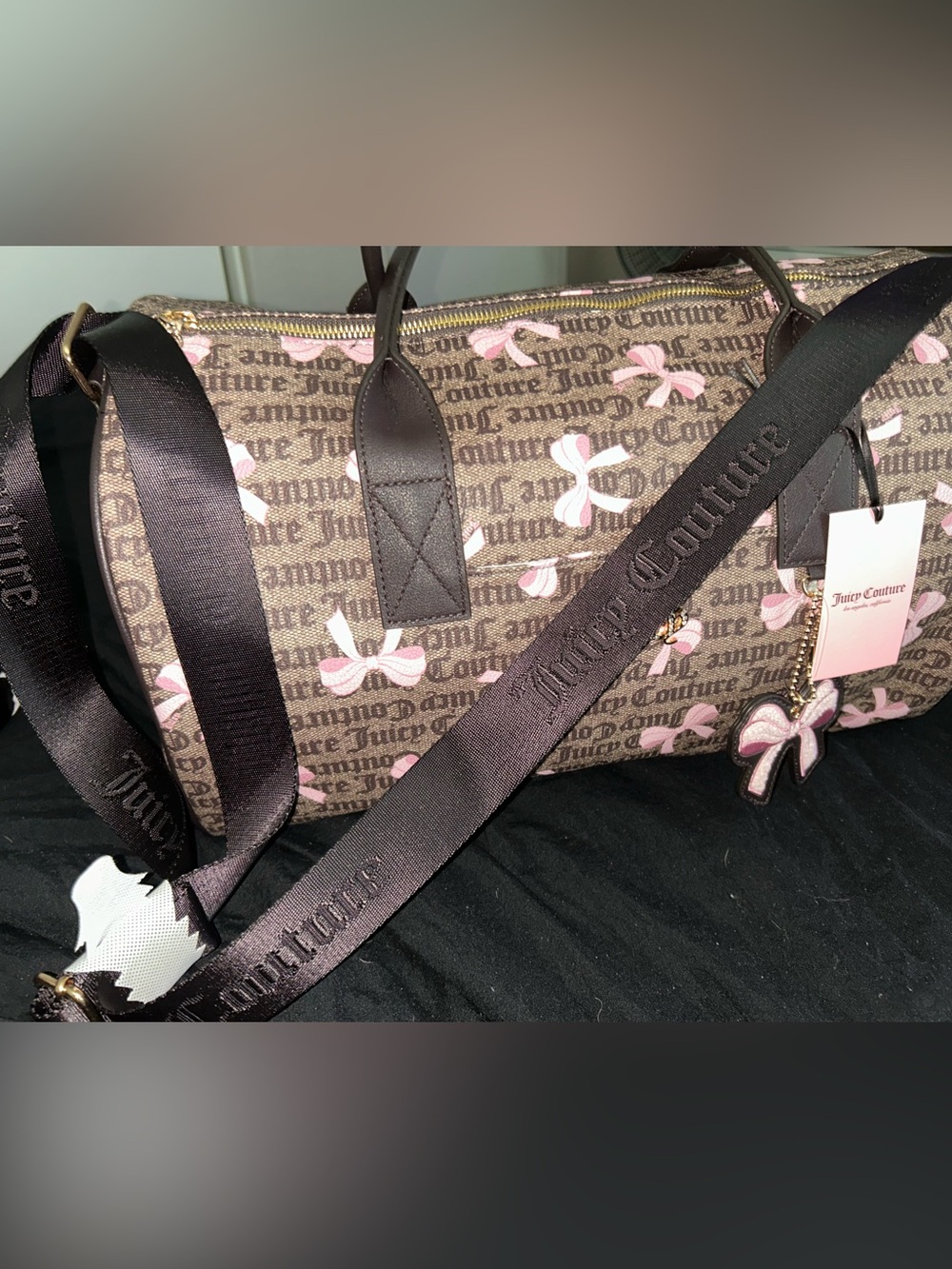 Juicy Couture Brown Canvas Travel Bag with Pink Bow Print